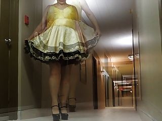 Sissy Ray In Hotel Corridor In Sissy Dress And Sexy Heels