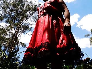 Sissy Ray In Red Satin Dress Swirling Upskirt