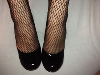Shoejob And Cum On Her Black High Heels And Fishnets